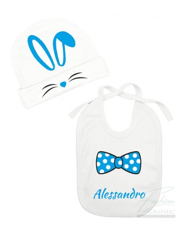 Coordinato cappellino bavaglino con coniglio azzurro personalizzato con nome