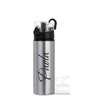 Bottiglia borraccia silver di alluminio tappo a scatto 750ml colore nero con nome personalizzato