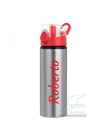 Bottiglia borraccia silver di alluminio tappo a scatto 750ml colore rosso con nome personalizzato
