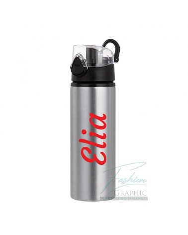 Bottiglia borraccia silver di alluminio tappo a scatto 750ml colore nero con nome personalizzato rosso