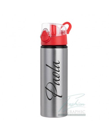 Bottiglia borraccia silver di alluminio tappo a scatto 750ml colore rosso con nome personalizzato nero