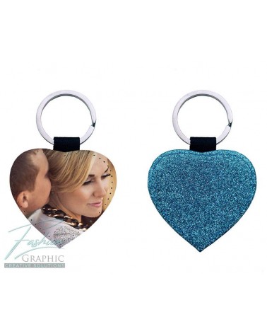 Portachiavi cuore in ecopelle glitter azzurro personalizzato con foto immagine