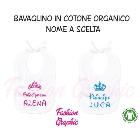 Bavaglino neonato principe principessa con nome in puro cotone organico