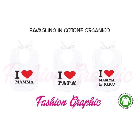Bavaglino neonato I love mamma papà in puro cotone organico