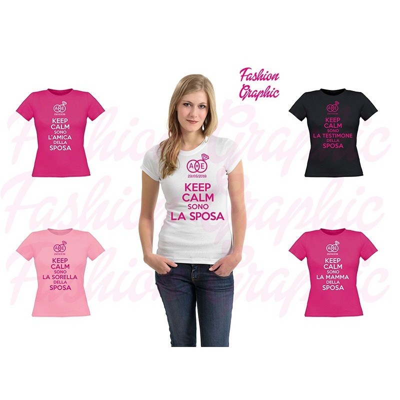 T-shirt donna matrimonio keep calm con fedi personalizzabile con inizali e data