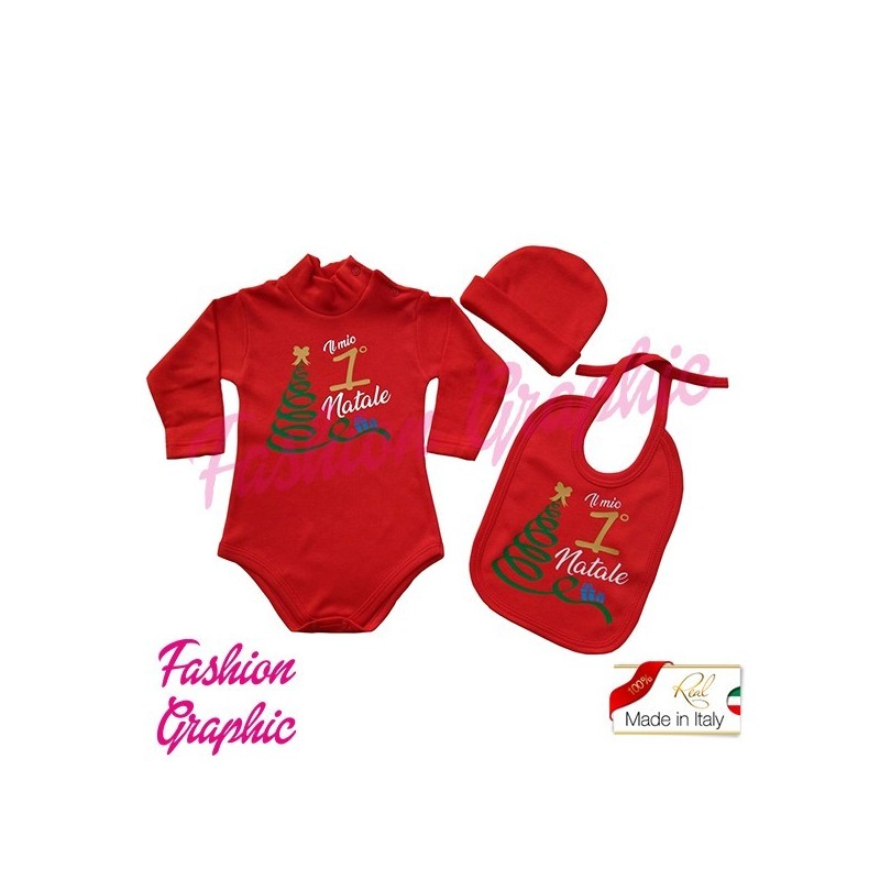 coordinato Kit Body lupetto manica lunga il mio primo Natale più bavetta bavaglino cappellino neonato neonata in caldo cotone