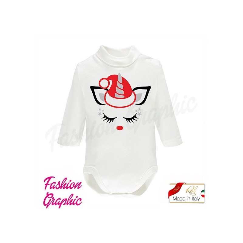 Body lupetto unicorno di Natale manica lunga neonato neonata in caldo cotone made in italy