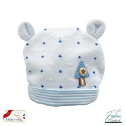 Cappellino neonato con orecchiette stelline e strisce righe in cotone made in italy