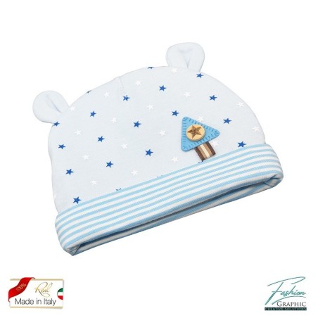 Cappellino neonato con orecchiette stelline e strisce righe in cotone made in italy