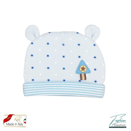 Cappellino neonato con orecchiette stelline e strisce righe in cotone made in italy